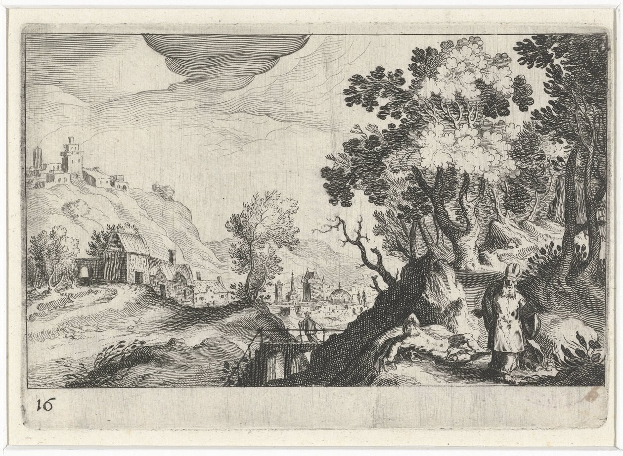 Good Samaritan ile tepelik manzara Güney Avrupa manzaraları (dizi başlığı) Topographia variarum Regionum (dizi başlığı) by Simon Frisius