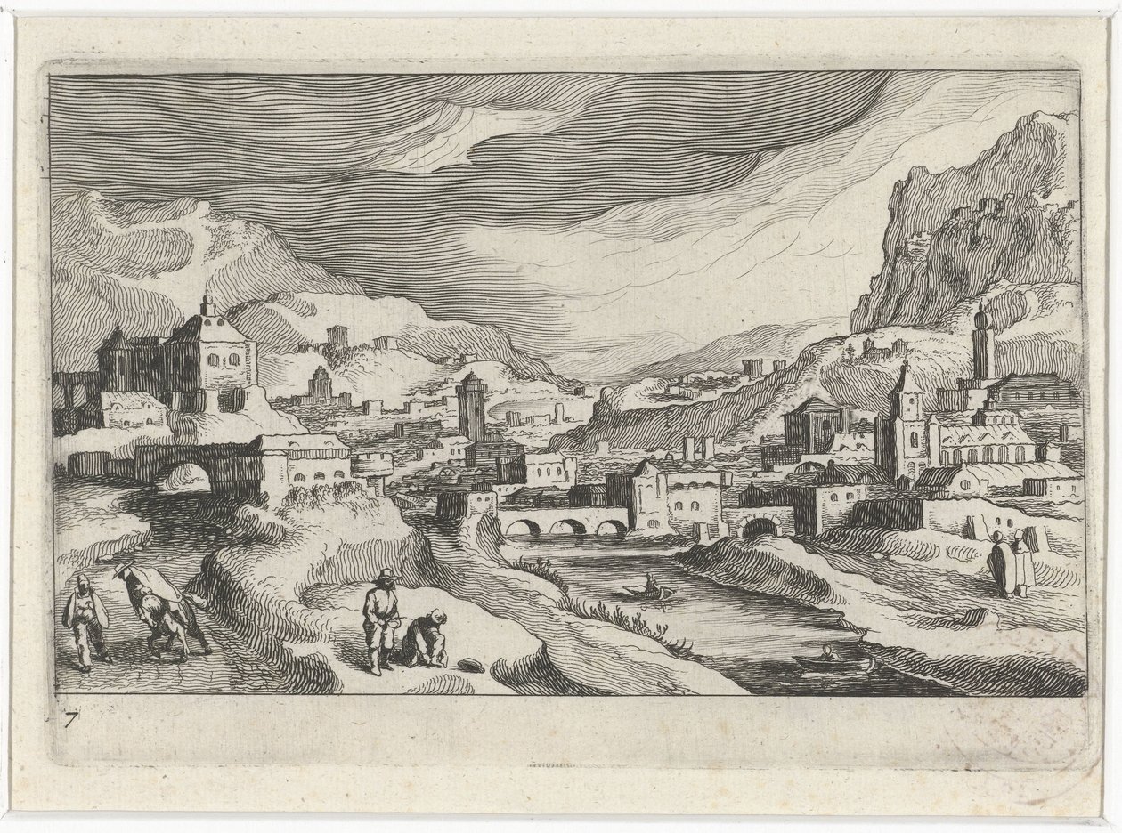 Bir nehir vadisinde şehir manzarası Güney Avrupa manzaraları (dizi başlığı) Topographia variarum Regionum (dizi başlığı) by Simon Frisius