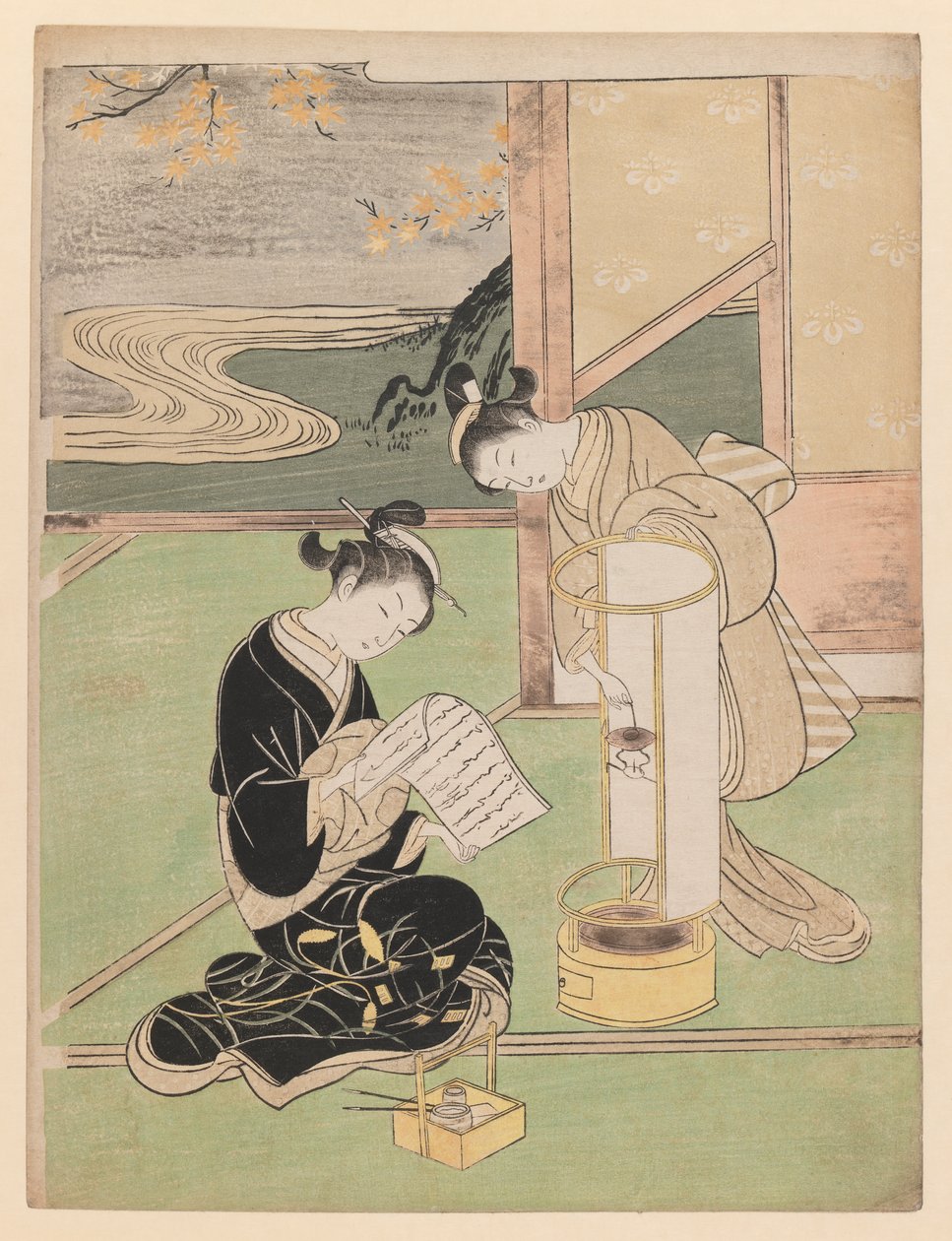 Eight Salon Views serisinden Kağıt Kaplı Gece Işığında Akşam Parıltısı, 1766 (renkli tahta baskı) by Suzuki Harunobu