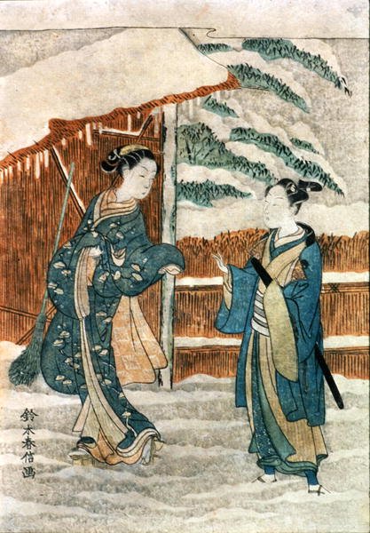 Göl kenarında iki bayan (kağıt üzerine mürekkep ve guaj boya) by Suzuki Harunobu