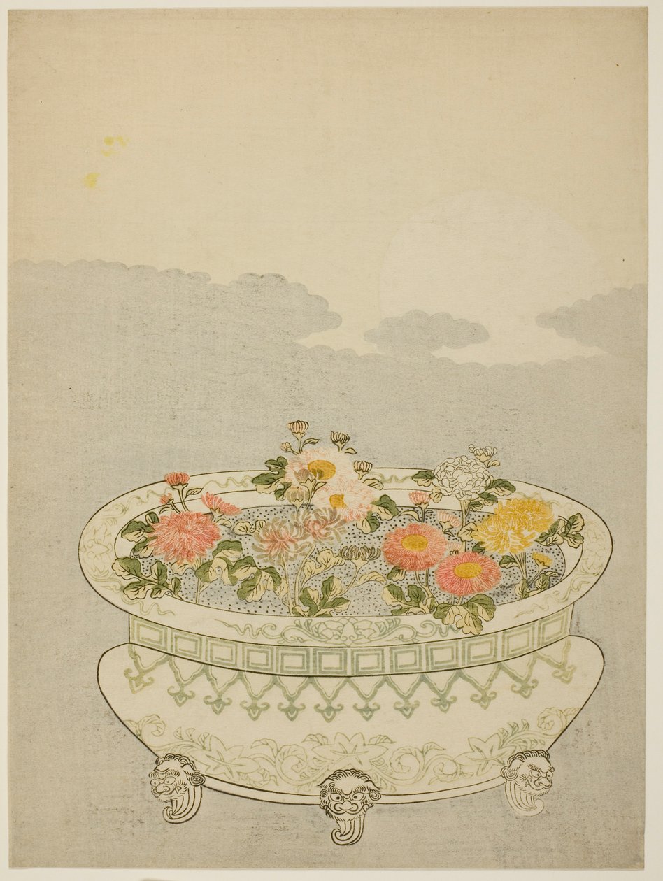Krizantemler ve Yükselen Ay by Suzuki Harunobu
