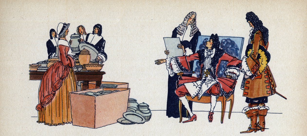 Louis XIV sent to cast his golden tableware - Illustration by Sylvain Sauvage (1888-1948) for the book “Louis XIV” by Frantz Funck-Brentano (1862-1947) of 1938. Careful! Use of this work may be subjec by Sylvain Sauvage