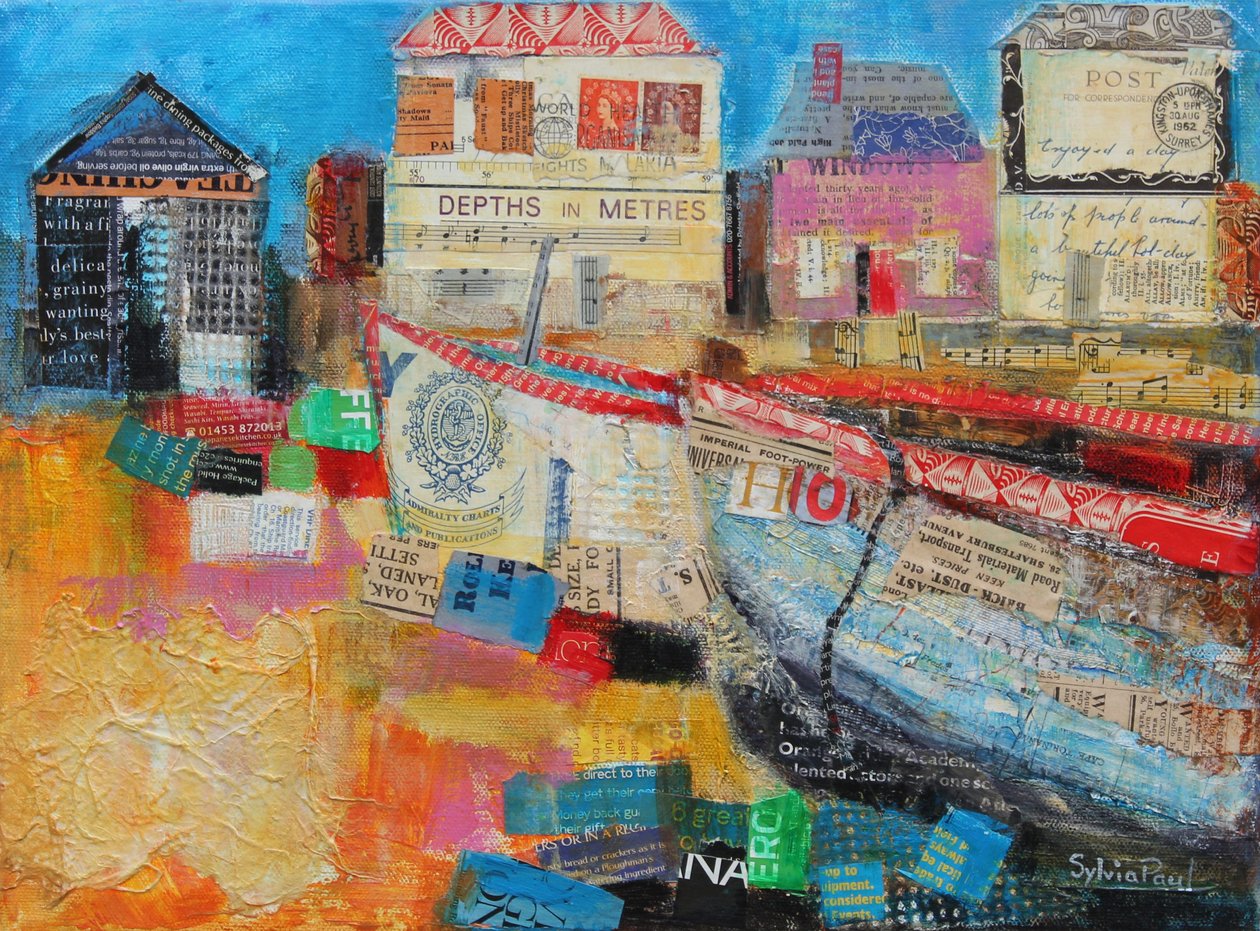 Eski Balıkçı Tekneleri; 2013, akrilik kağıt kolaj by Sylvia Paul