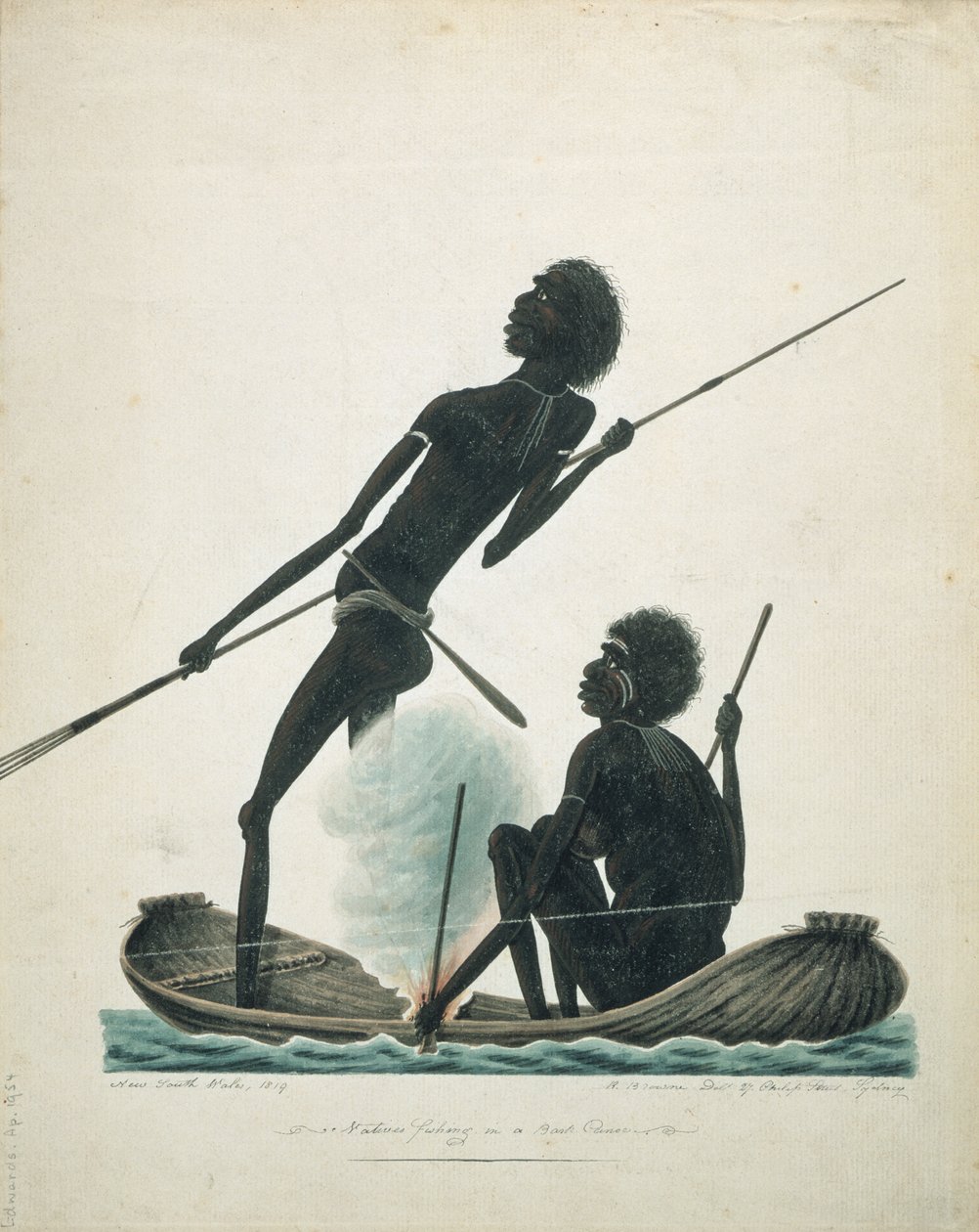 Kabuklu bir kanoda balık tutan yerliler, 1819 by T.R. Browne