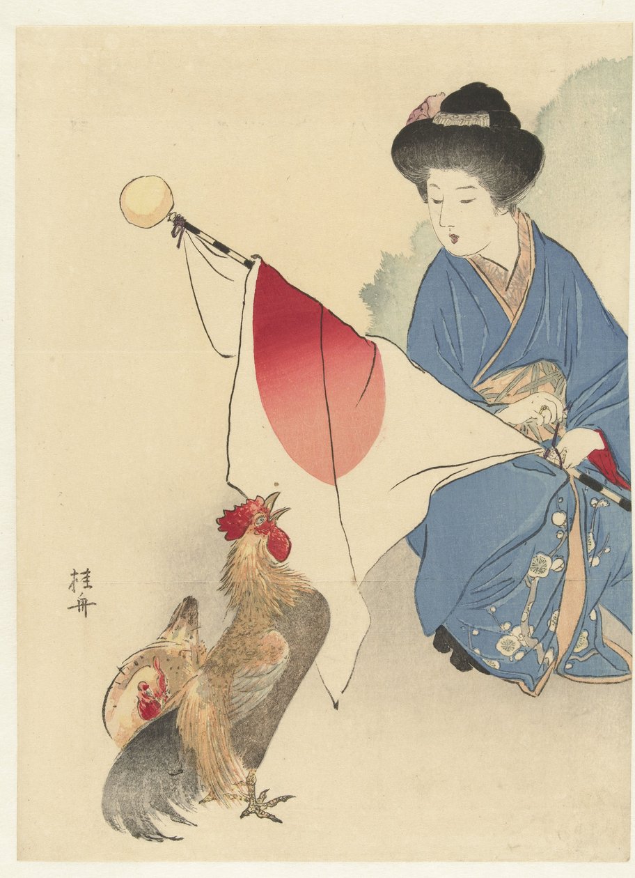 Japon bayrağı ve horoz olan kadın by Takeuchi Keishū