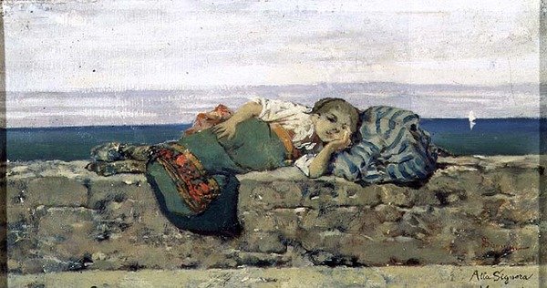 Parapet üzerinde yatan köylü kız by Telemaco Signorini