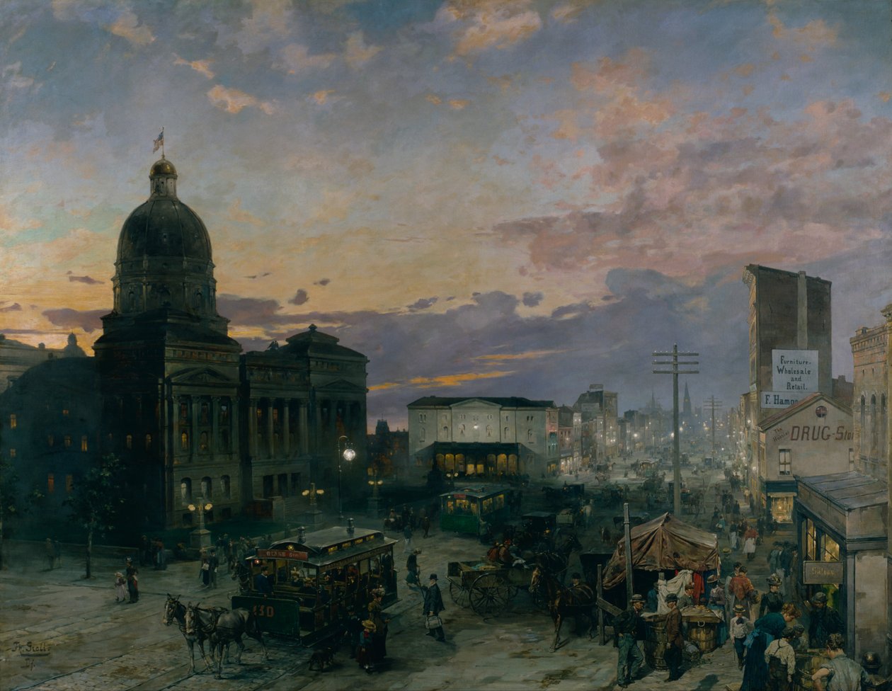 Washington Street, Indianapolis alacakaranlıkta by Theodor Groll