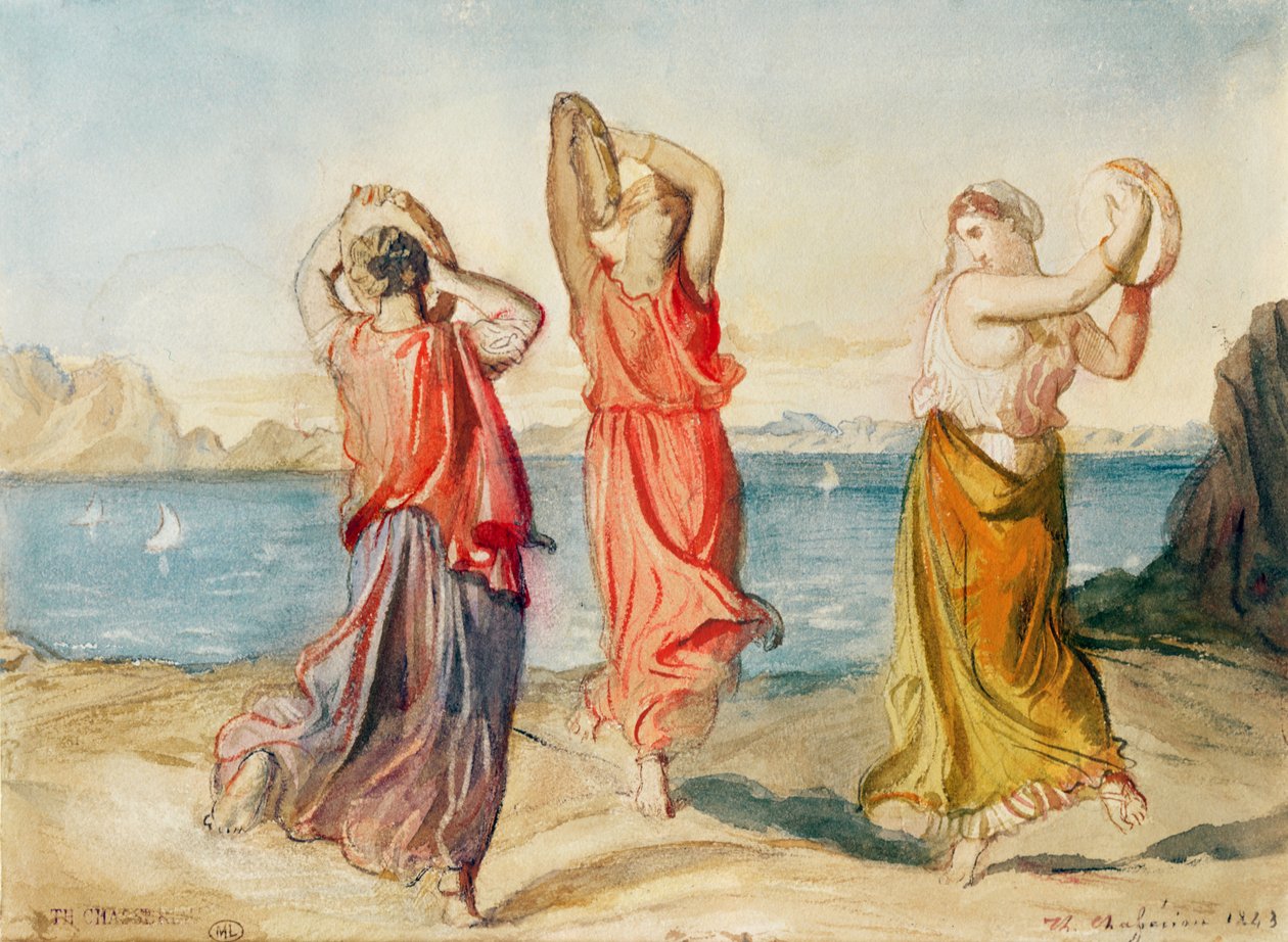 Üç Tef Dansçısı, 1843 (kağıt üzerine kurşun kalem ve sulu boya yıkama) by Théodore Chassériau