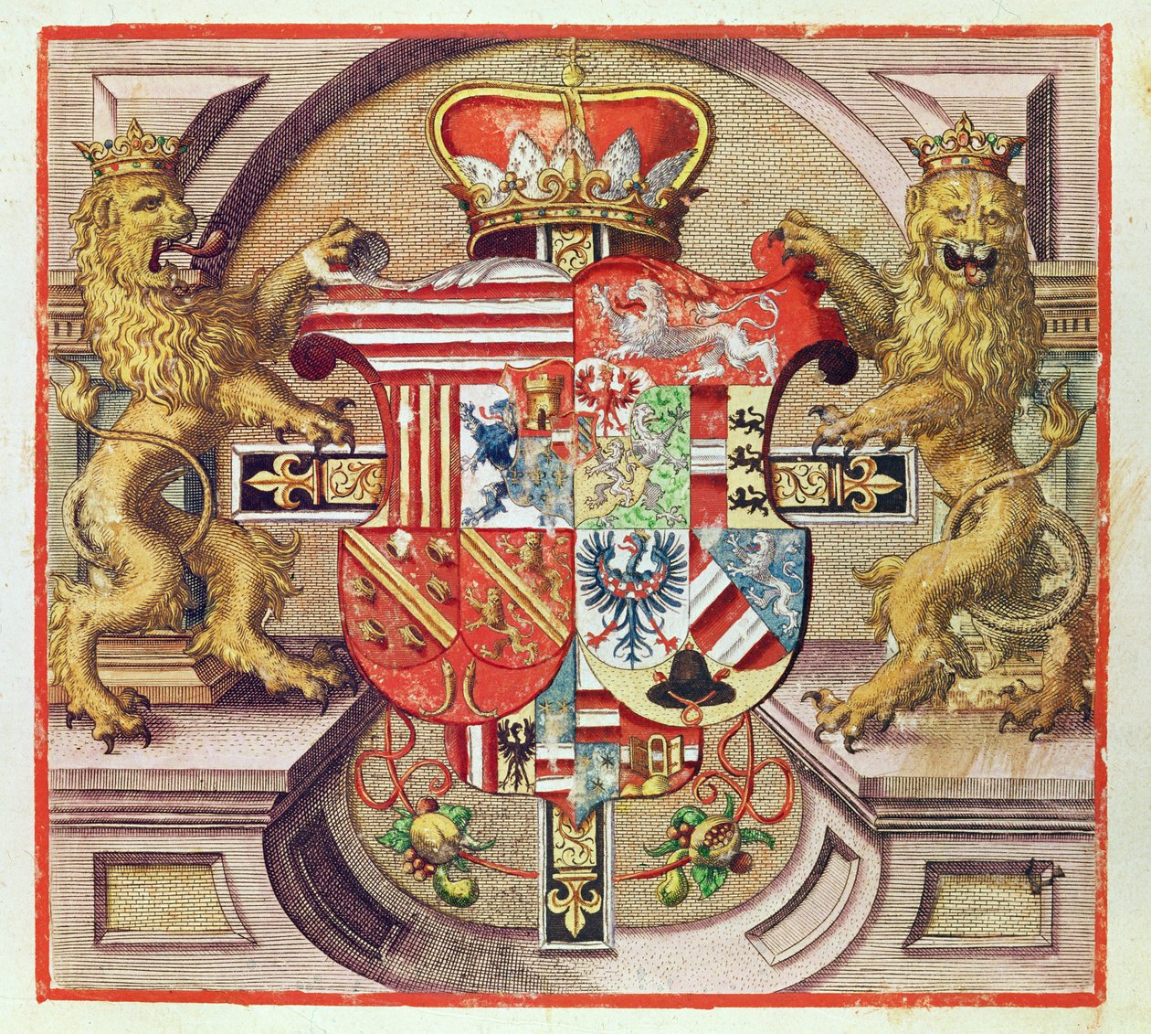 Admiranta Narratio ..., Armorial leturgröftur (síðu 3), 1585-1588 (litarit) by Theodore de Bry