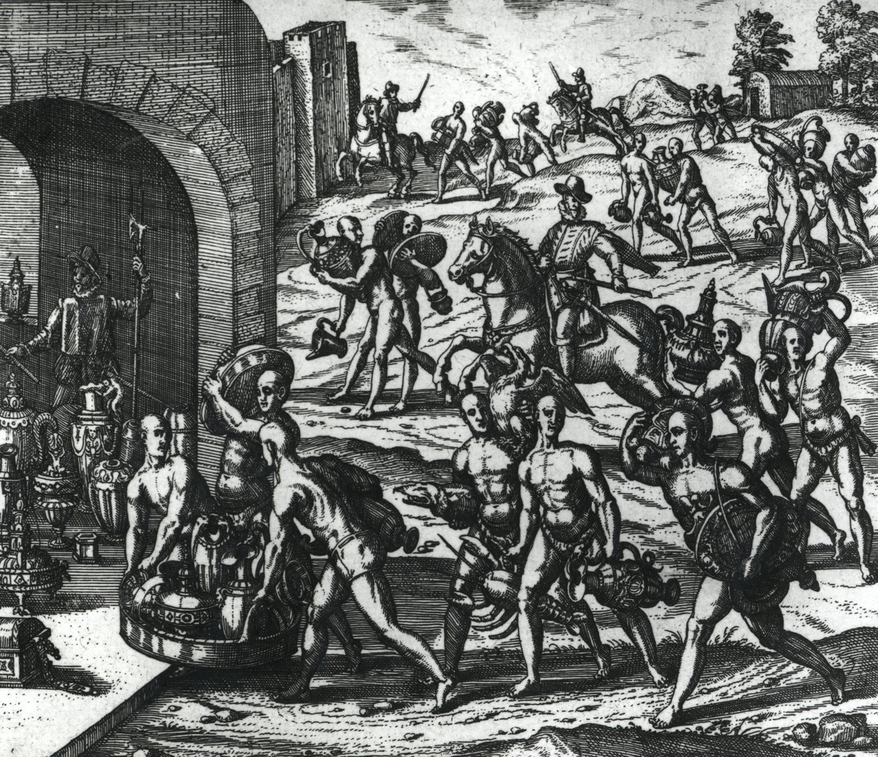 Balboa vazoları ve altın objeler getiren Kızılderililer by Theodore de Bry