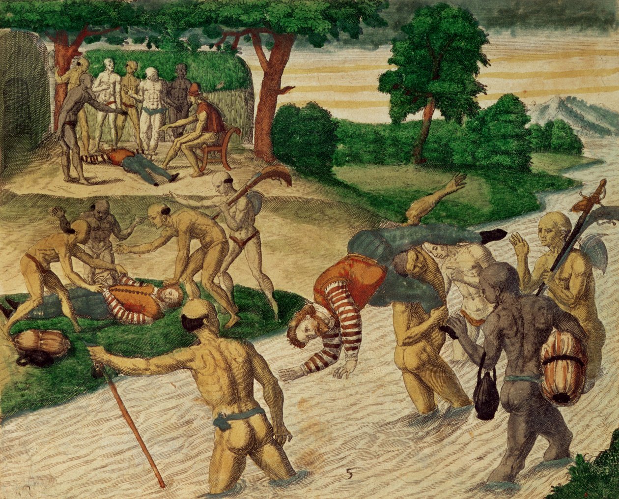 Güney Amerika Kızılderilileri ölümsüz olup olmadıklarını görmek için İspanyolları boğuyor by Theodore de Bry