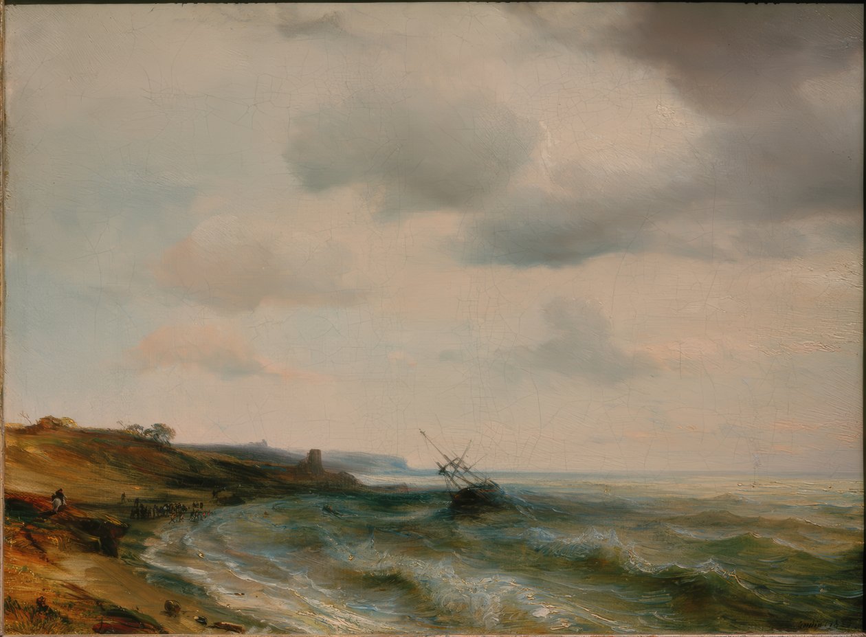 Karaya oturmuş bir gemi ile deniz kıyısı by Theodore Gudin