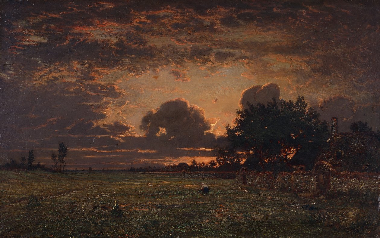 Barbizon Ovası üzerinde gün batımı, by Pierre Etienne Theodore Rousseau