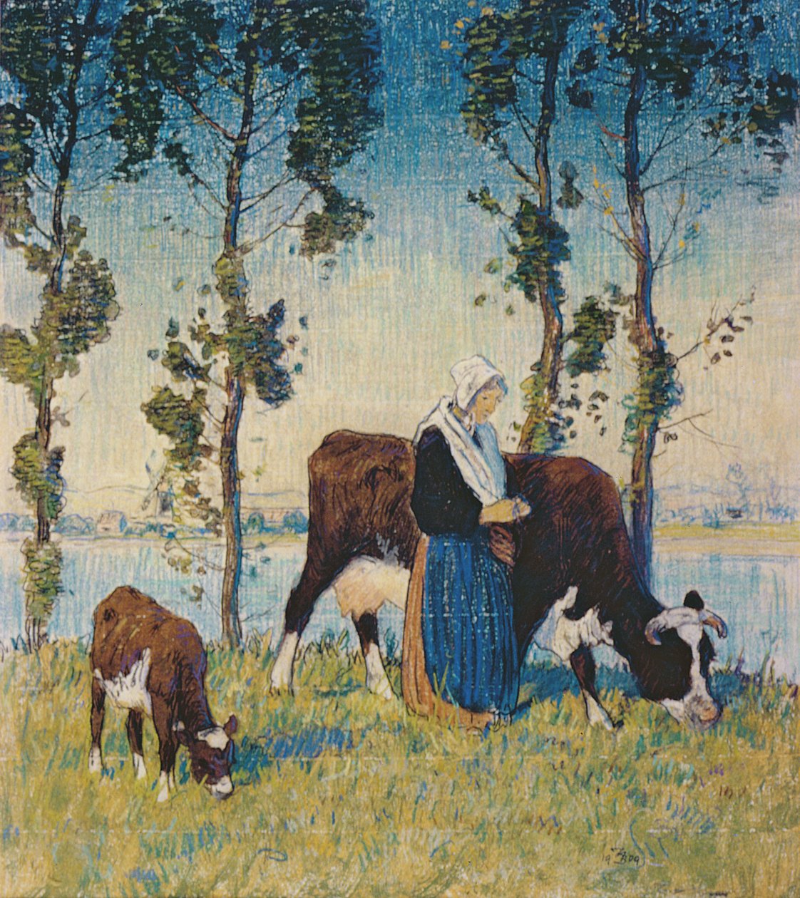 İnek ve buzağı olan kadın (pastel) by Thomas Austen Brown