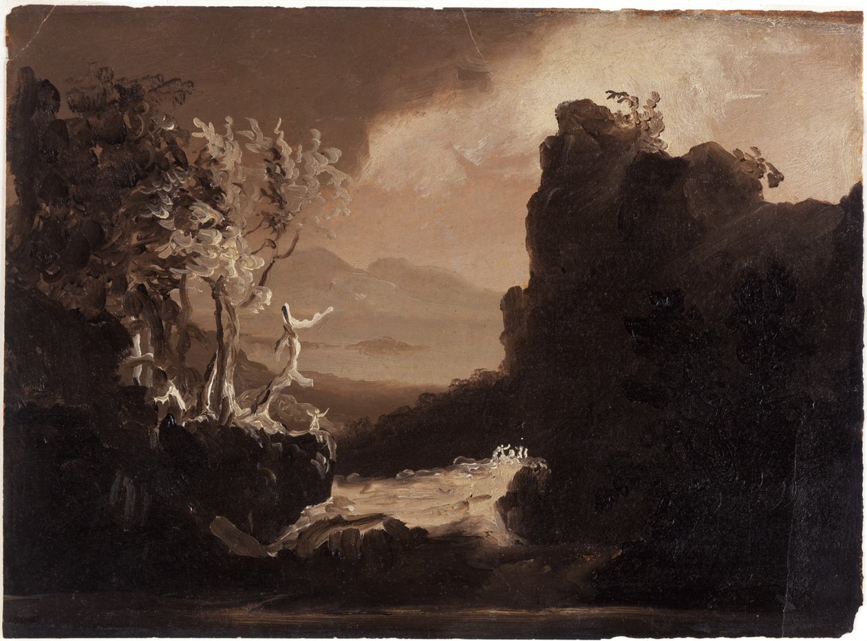 Romantic Landscape (Last of the Mohicans), 1827 (oil on paper) by Thomas Cole