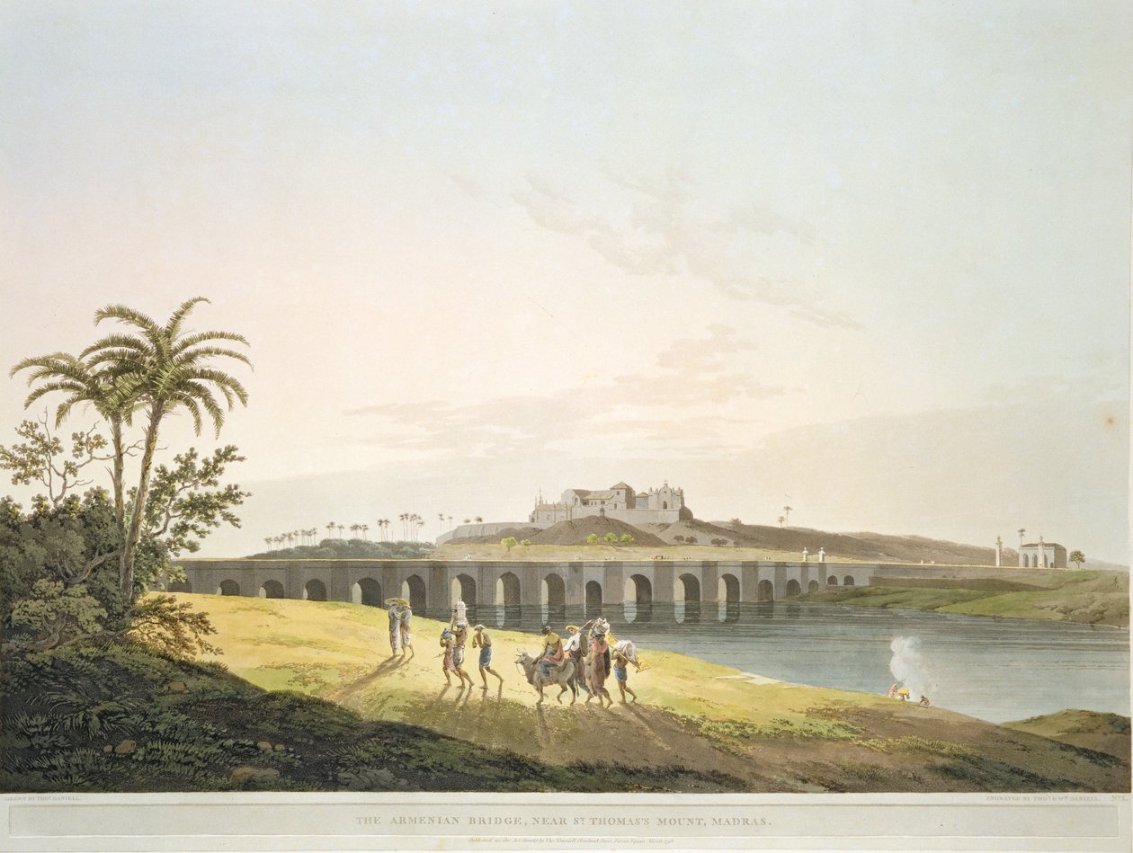 Aziz Thomas Dağı yakınlarındaki Ermeni Köprüsü, Madras, Thomas ve William (1769-1837) Daniell tarafından oyulmuş 