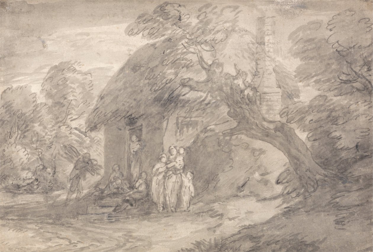 Bir Kulübe Kapısının Dışında Rakamlarla Ormanlık Peyzaj by Thomas Gainsborough