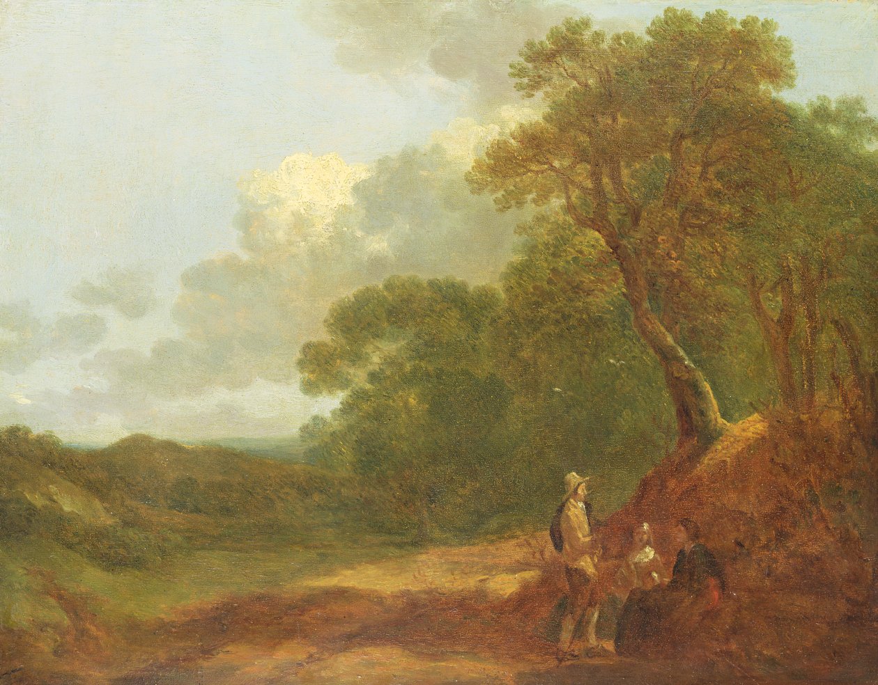 Wooded Landscape with a Man Talking to Two Seated Women  by Thomas Gainsborough