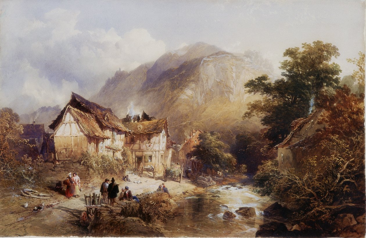 Sayn Köyü, Bertich Bach Nehri üzerinde, Prusya (kağıt üzerine gövde rengi ve sulu boya) by Thomas Miles II Richardson