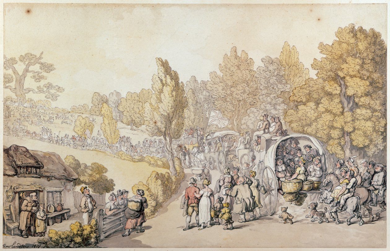 Cartoon depicting country folk leaving for the town, 1818 (hand-coloured engraving) by Thomas Rowlandson