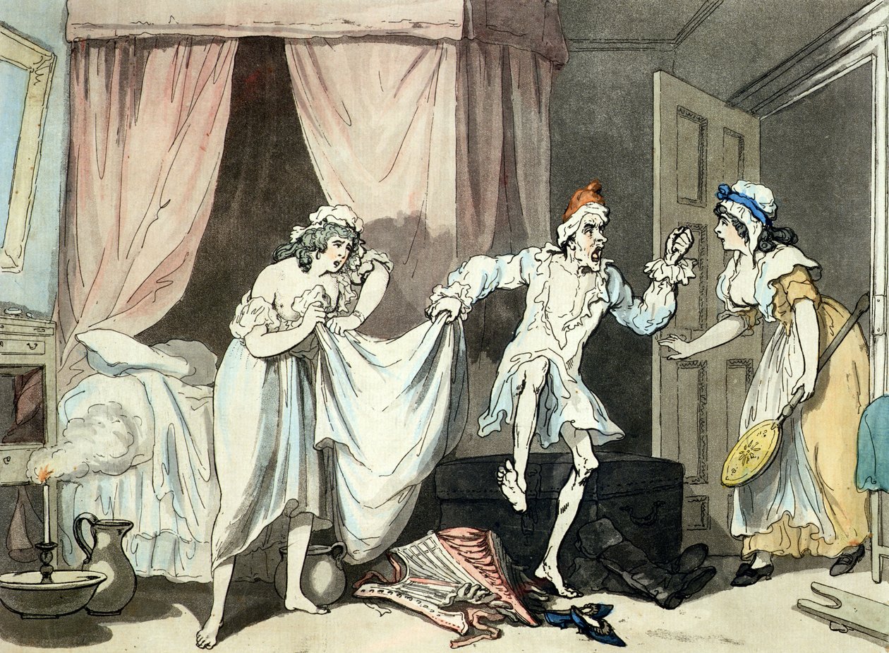 Damp Sheets, Thomas Malton (1748-1804), pub. 1791 (aquatint ile renkli dağlama) by Thomas Rowlandson