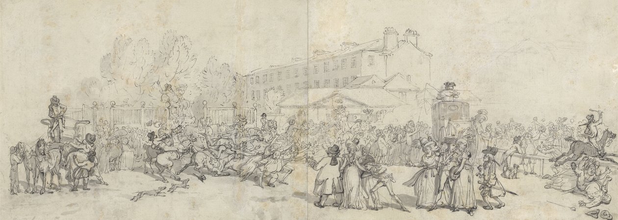 Hyde Park Corner, (kalem ve mürekkep ve grafit üzerine gri yıkama, yaprak üzerine serilmiş kağıt) by Thomas Rowlandson