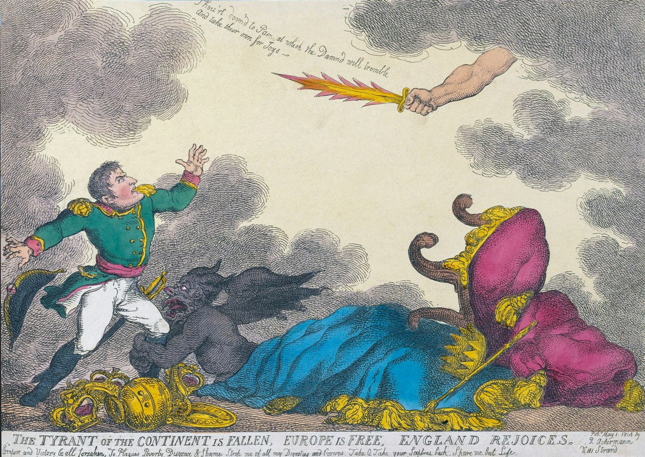 Napolyon'un 1814'te tahttan çekilmesini kutlayan karikatür by Thomas (after) Rowlandson