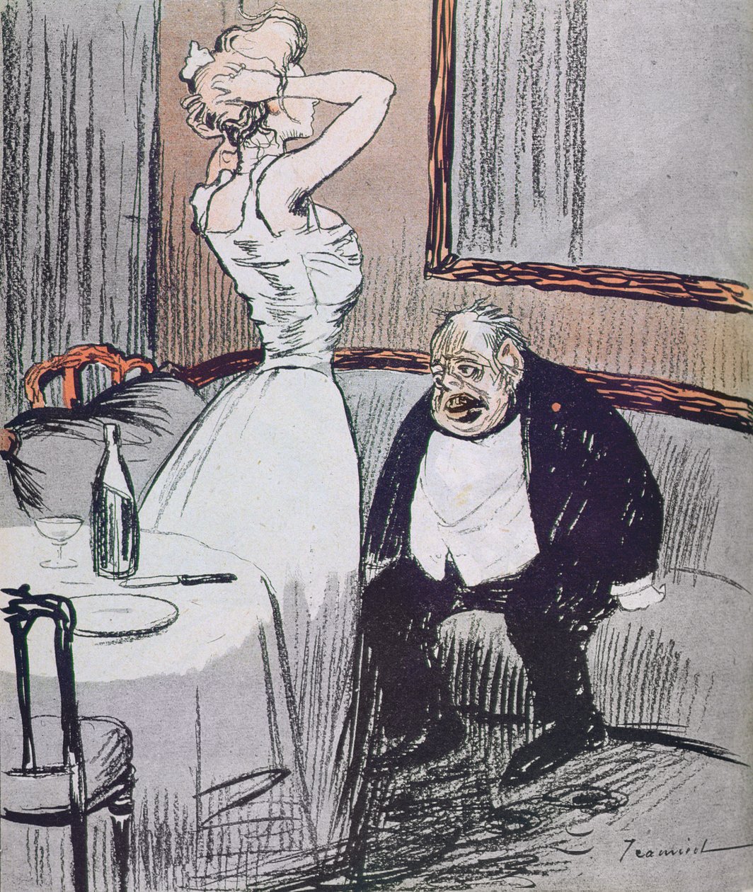Fahişe ve LAssiette Au Beurre dergisinden yaşlı bir adam, pub. 1907 by Tiamirol