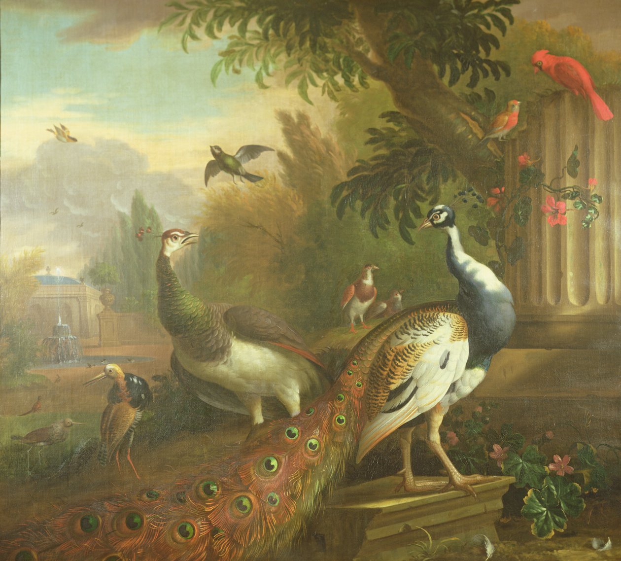 Peacock and Peahen with a Red Cardinal in a Classical Landscape by Tobias Stranover