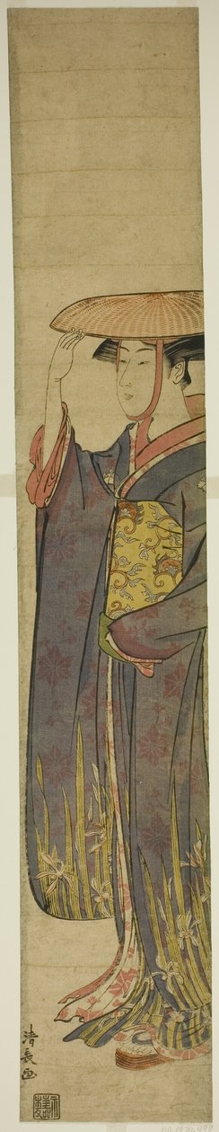 şapka takan genç kadın by Torii Kiyonaga