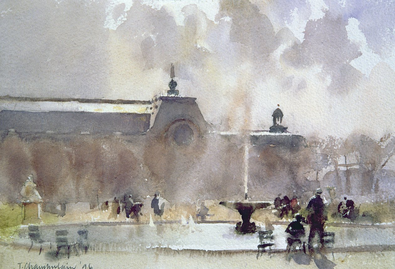 Breezy Day, Tuileries Gardens, 1996 (kağıt üzerinde wc) by Trevor Chamberlain