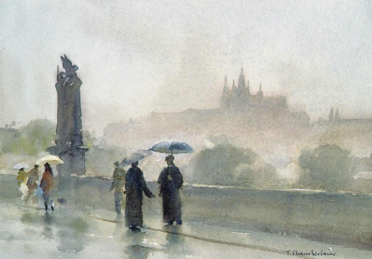 Şemsiyeler, Charles Köprüsü, Prag (kağıt üzerinde wc) by Trevor Chamberlain