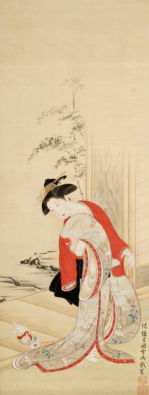 Kedi ile oynayan güzel kadın by Tsukioka Masanobu Settei