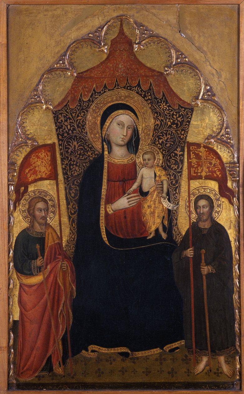 Enthroned Madonna ve Child with Apostle Jacob the Elder ve St. Ranieri, c.1410-20 (kavak ağacı üzerinde tempera) by Turino Vanni