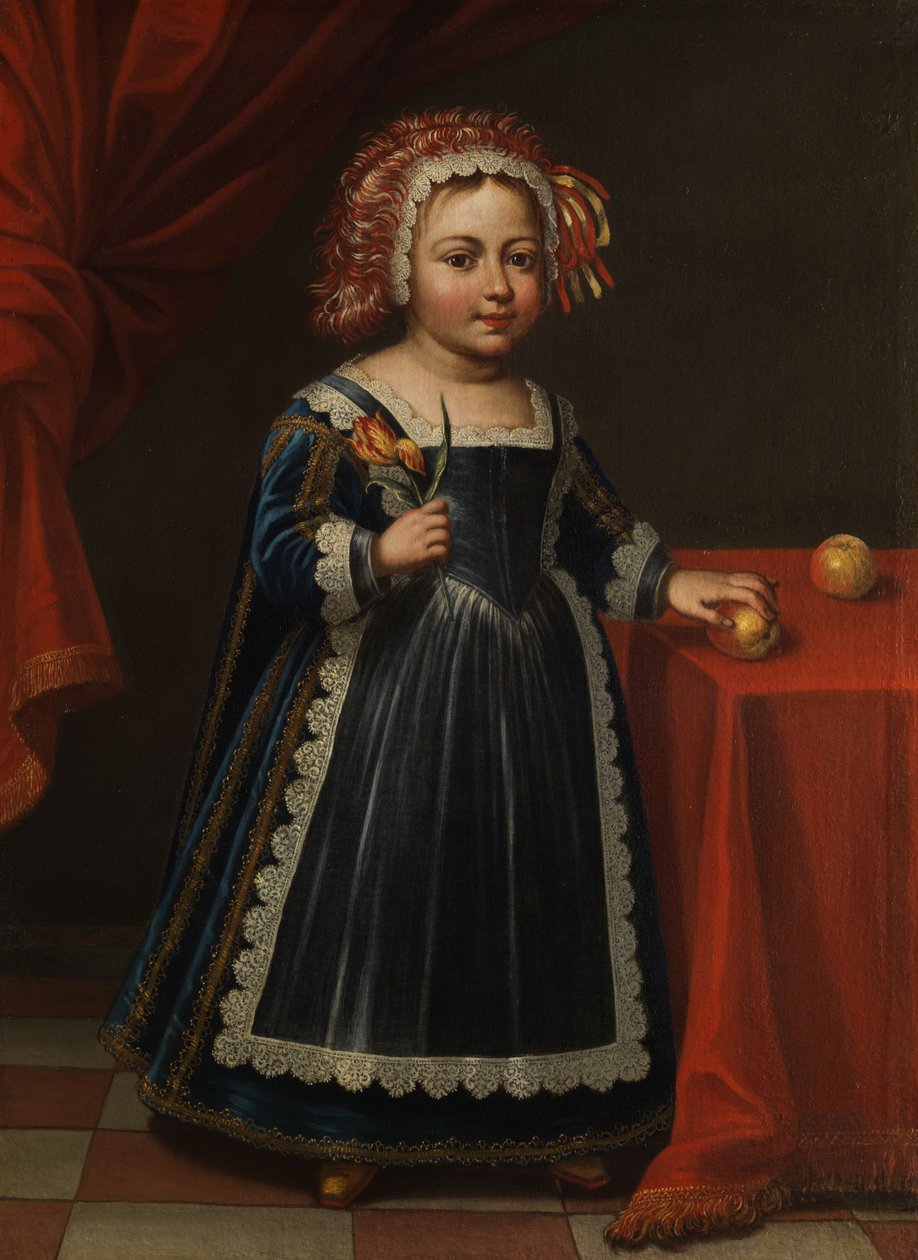 Portrait eines Kinds mit Tulpe und Apfel. by Unbekannt Unbekannt