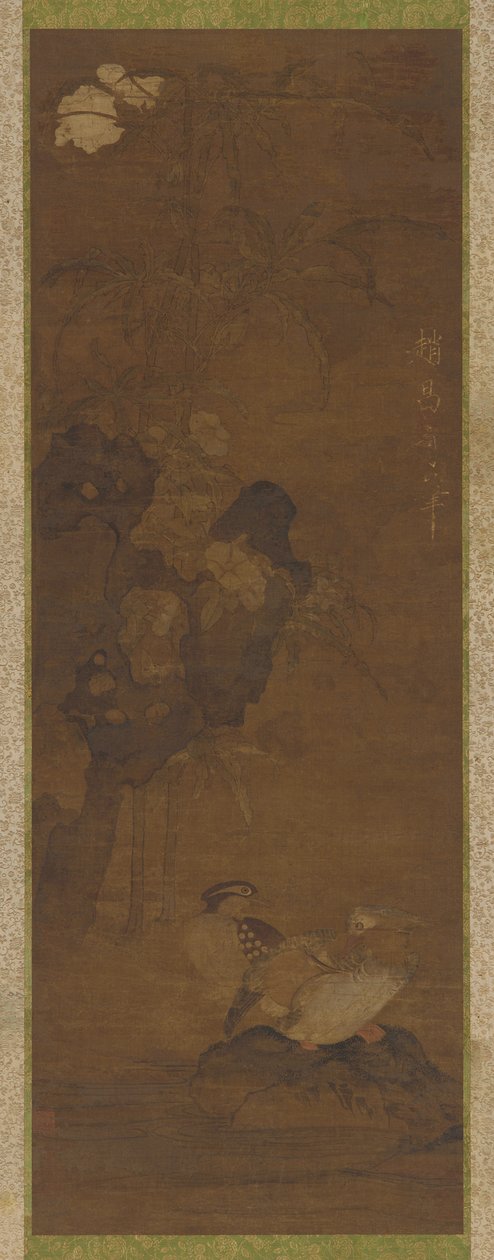 Mandalina ördekleri, kayalar ve çiçekli bir bitki, 1368-1644. by Unbekannt