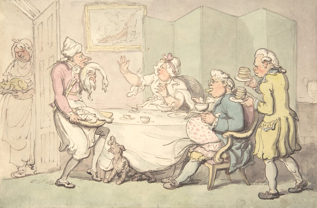 Hizmetçilerle Sofrada Bir Çift, 18. 19. yüzyıl. by Unknown,Unknown.