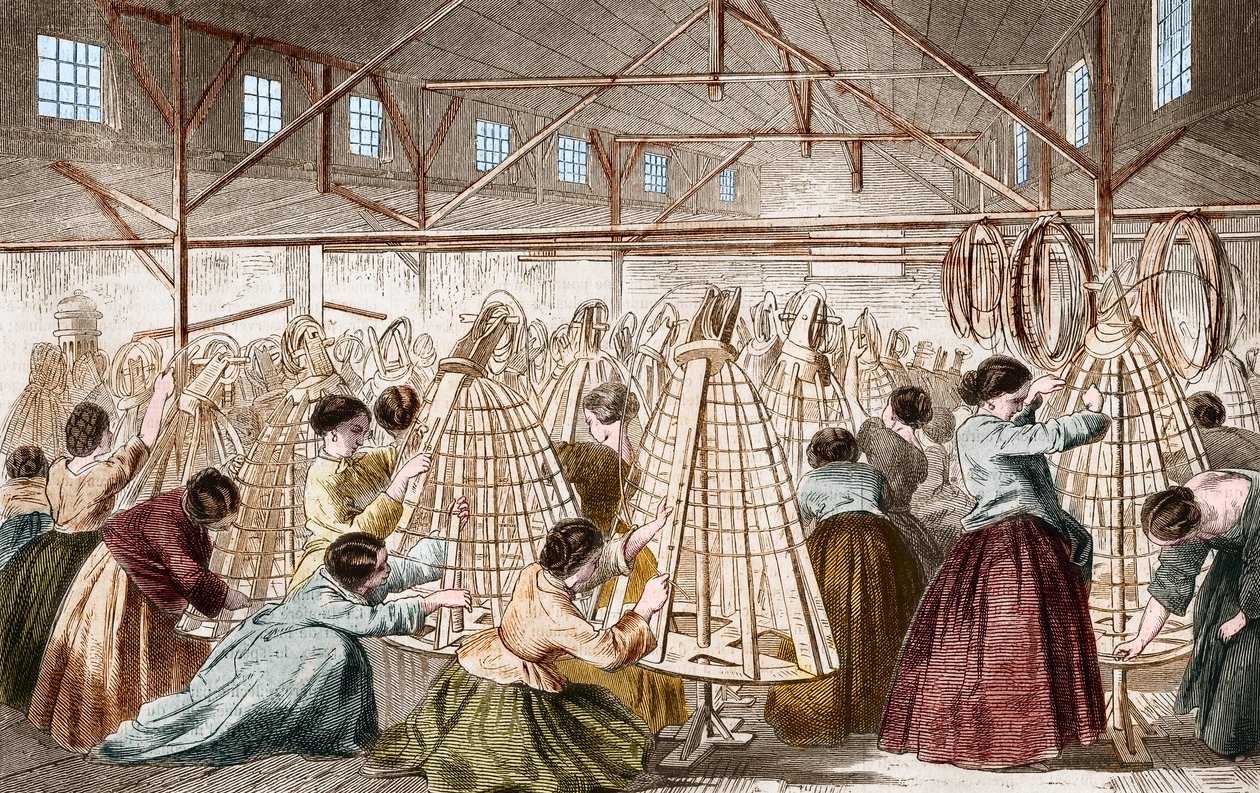 Kabarık etek fabrikaları: çember döşeme. 1865 gravürü. by Unknown artist