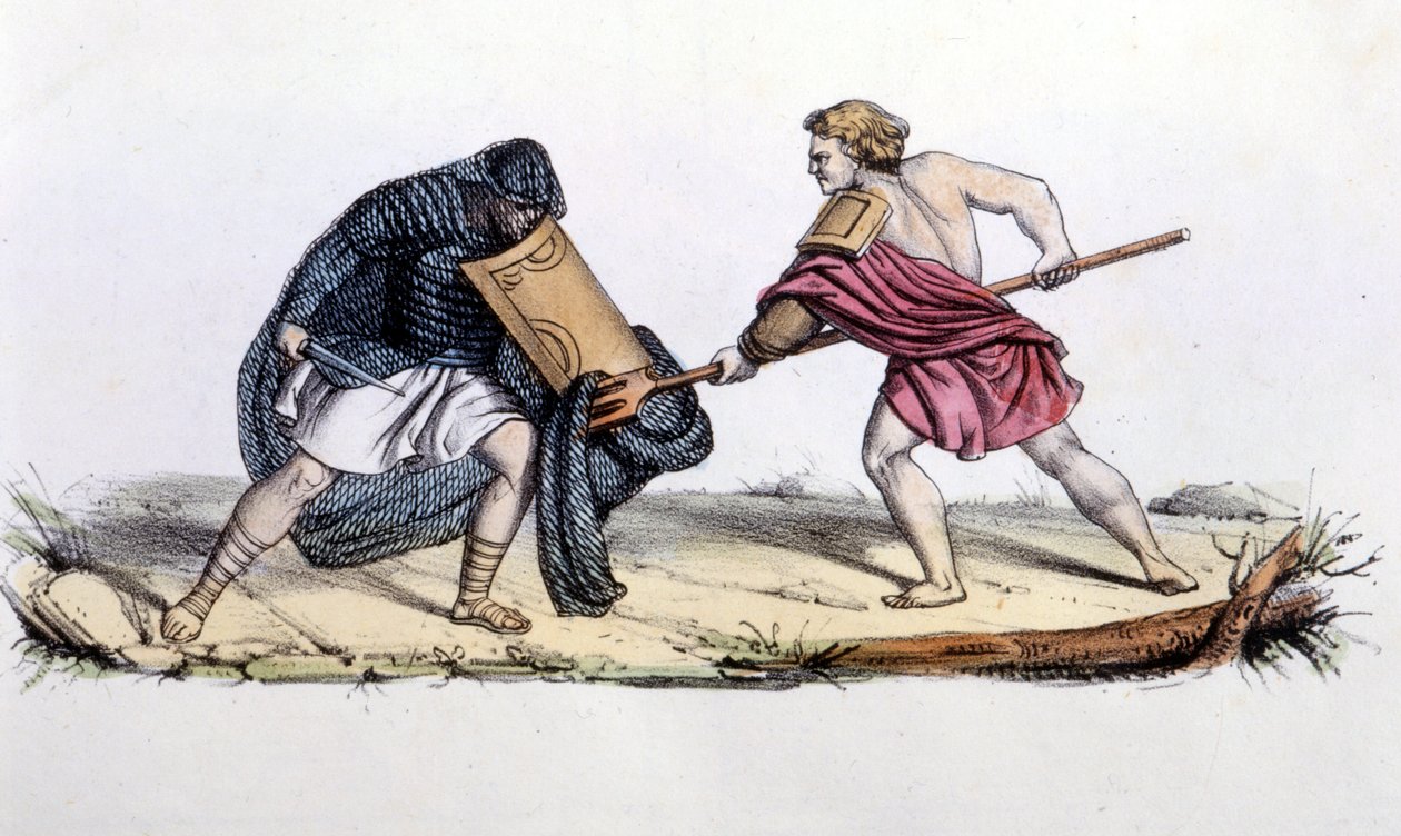 Resiario ve Mirmilone. 19. yüzyıl gravürü. by Unknown artist