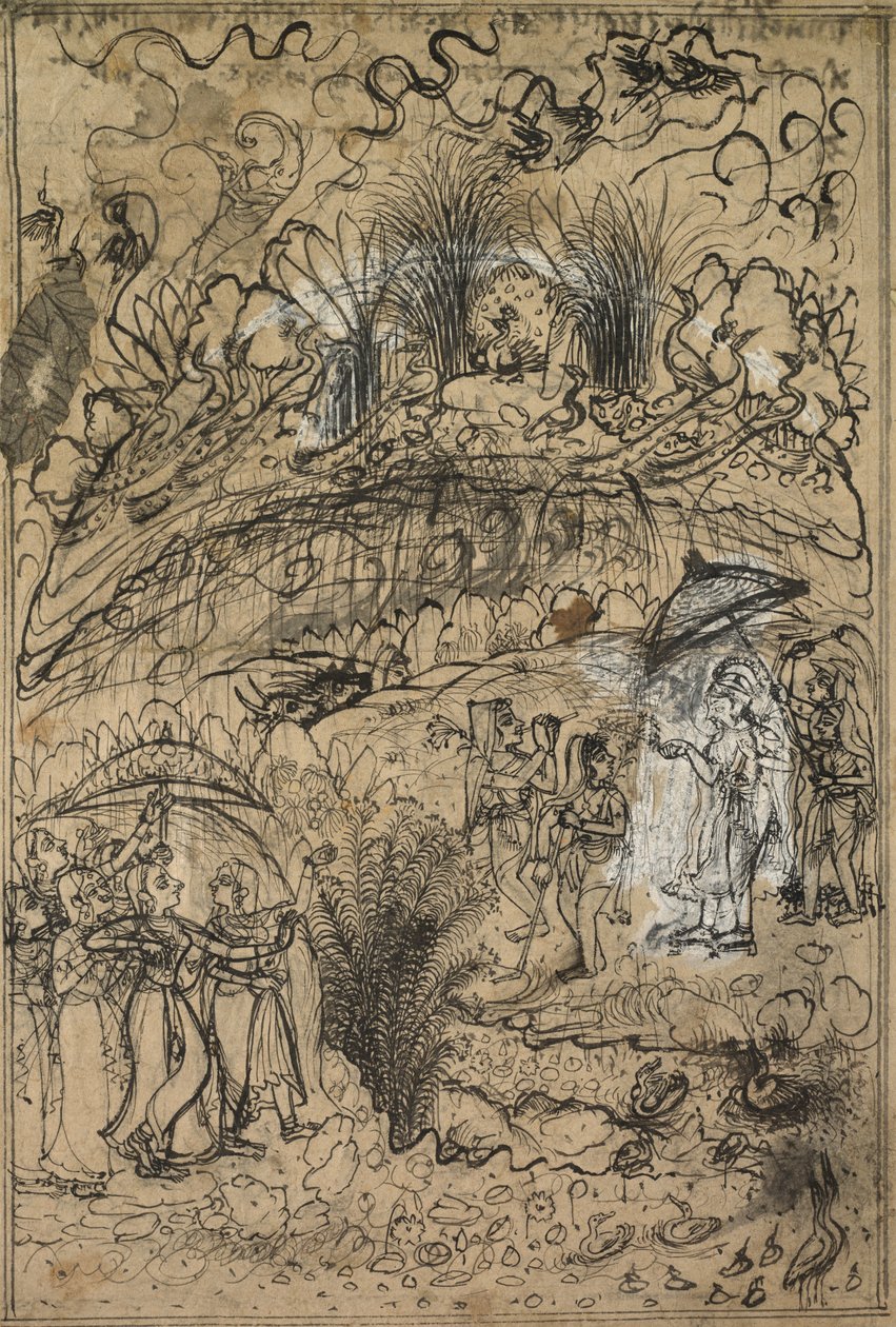 Krishna ve Radha minderin altında. govardhan by Unknown artist