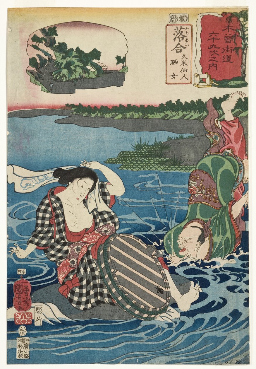 Ochiai: Kume Sennin ve Çamaşırcı, 1852 (tahta blok) by Utagawa Kuniyoshi