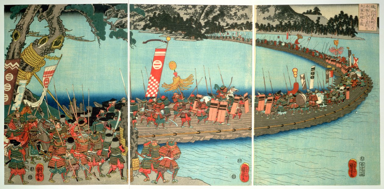 Nagaragawa savaşında teknelerin köprüsü, c.1844 (renkli tahta baskı) by Utagawa Kuniyoshi