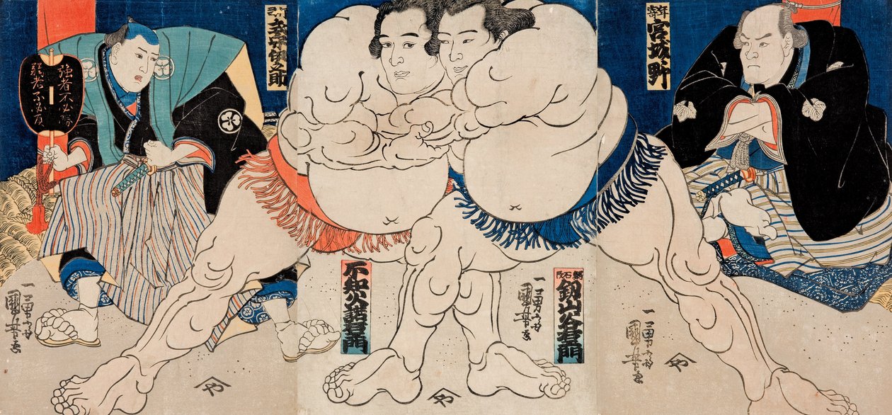 Sumo güreşçileri Shiranui Dakuemon (ortada solda), Tsurugizan Taniemon (ortada sağda) hakemle birlikte... by Utagawa Kuniyoshi