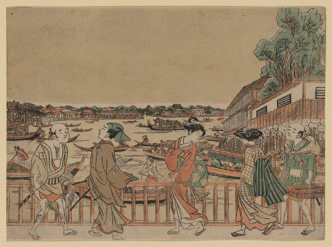 üzerinde teknelerin bulunduğu bir nehir üzerinde bir köprüden geçen yayalar by Utagawa Toyoharu