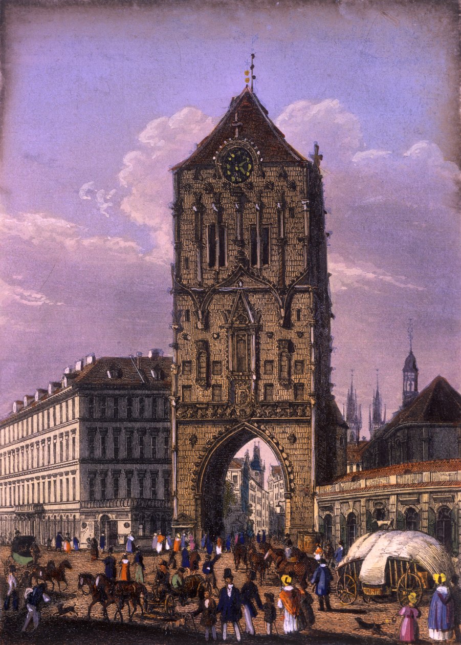 Powder Tower, Prag, c.1840 (renkli çelik gravür) by Vincenc Morstadt