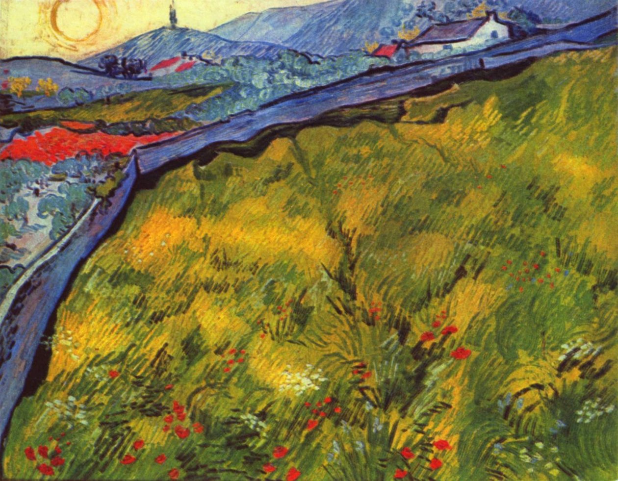Gün doğumunda çitle çevrili bir çayır ile dağ manzarası by Vincent van Gogh