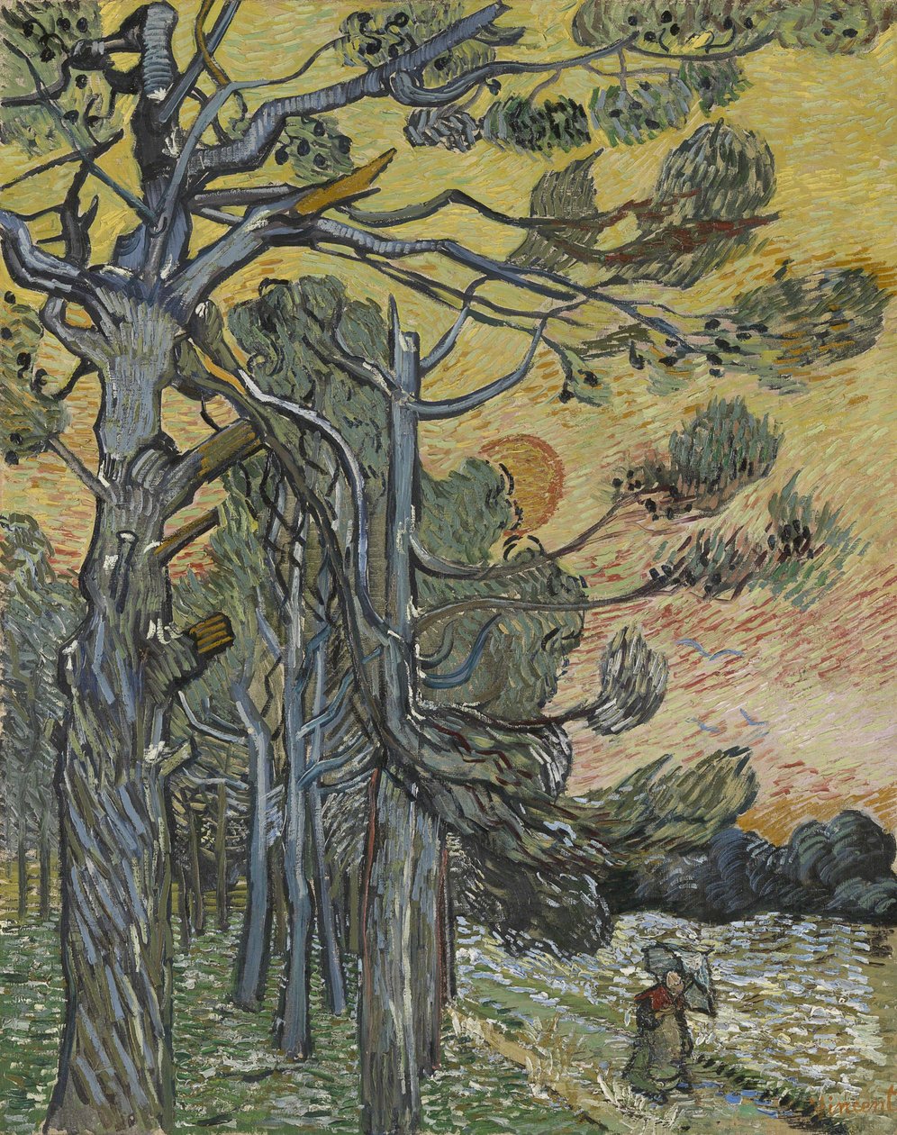 Gün batımında çam ağaçları, 1889. by Vincent van Gogh