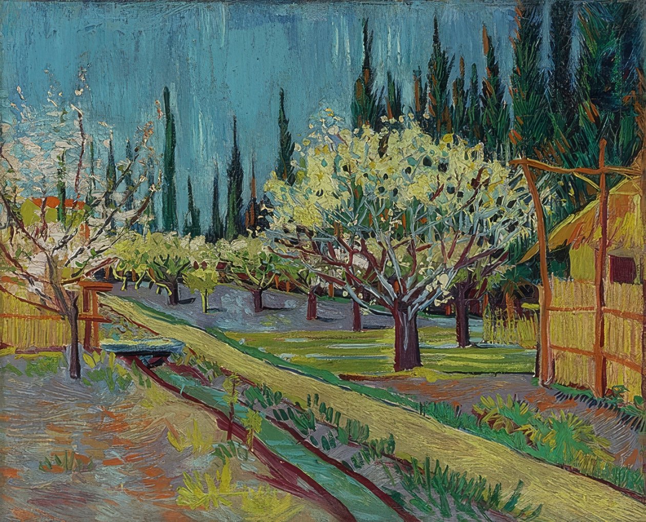 Servi ağaçları ile çevrili meyve bahçesi. 1888 by Vincent van Gogh