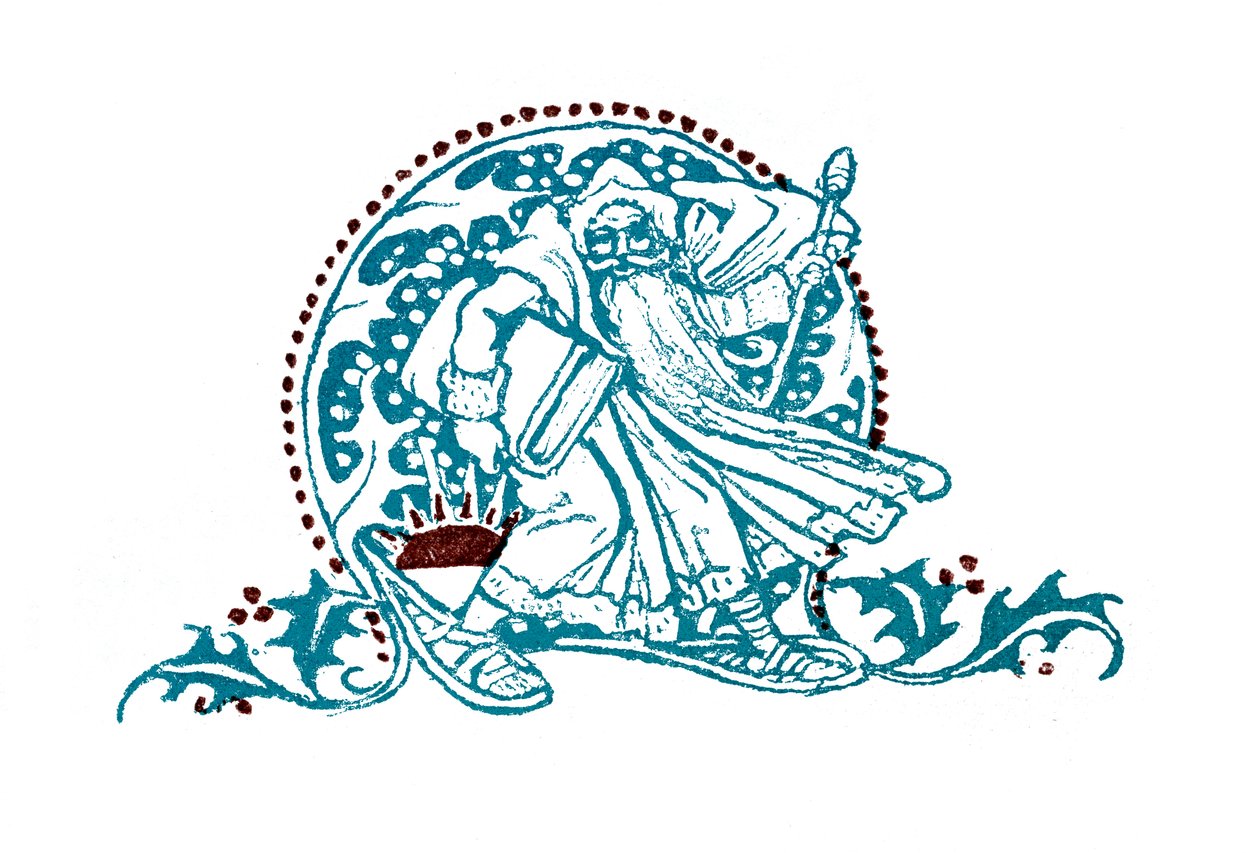 Old man walking through snow by Walter Crane