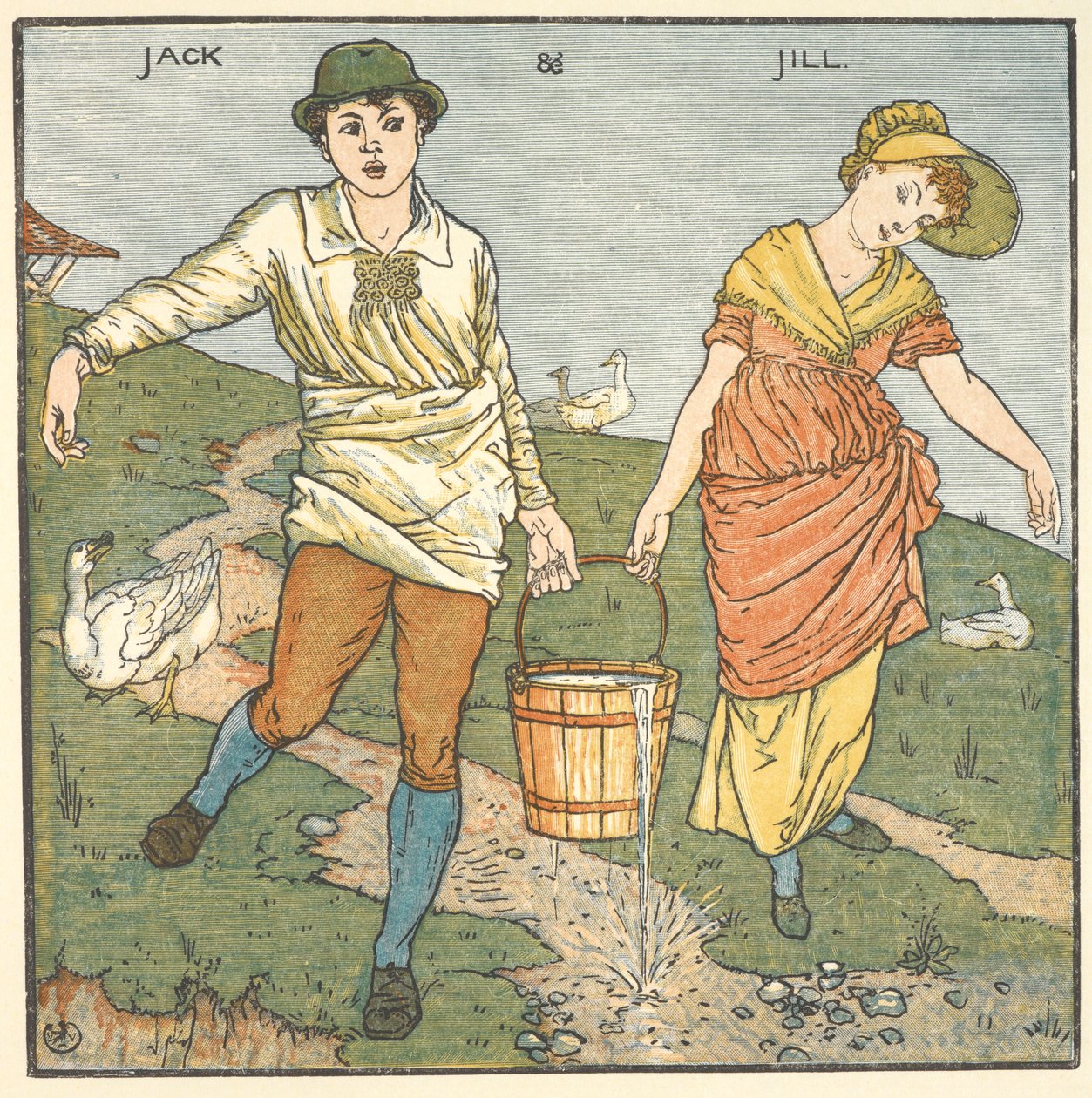'Jack ve Jill' için renkli çizim. by Walter Crane